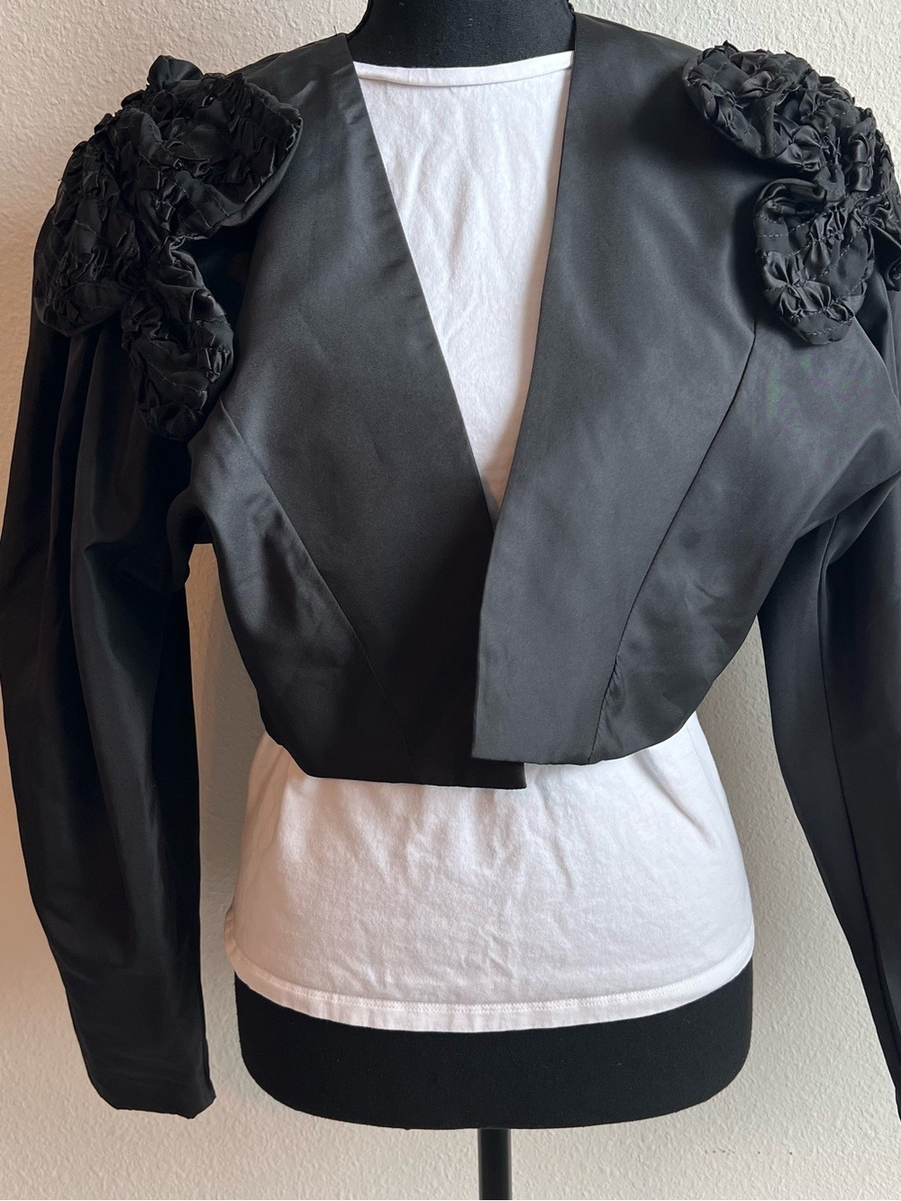 Vintage 80s Original Designs of Chavon Black Satin Open Front Crop Bolero